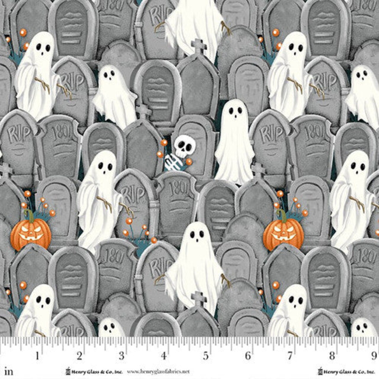 Fabric Henry Glass Glow in the Dark Gray Ghosts in the Graveyard by the Quarter Yard Q2023G-90